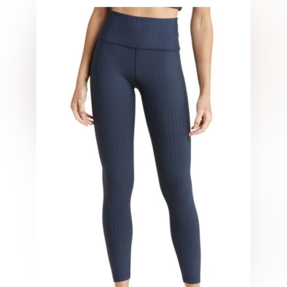 Beyond Yoga Caught in the Midi Leggings Navy Pinstripe